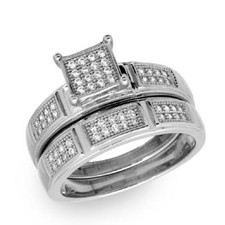 Sterling Silver 2-pcs Engagement / Wedding Square Design Pave CZ Stones Ring Set