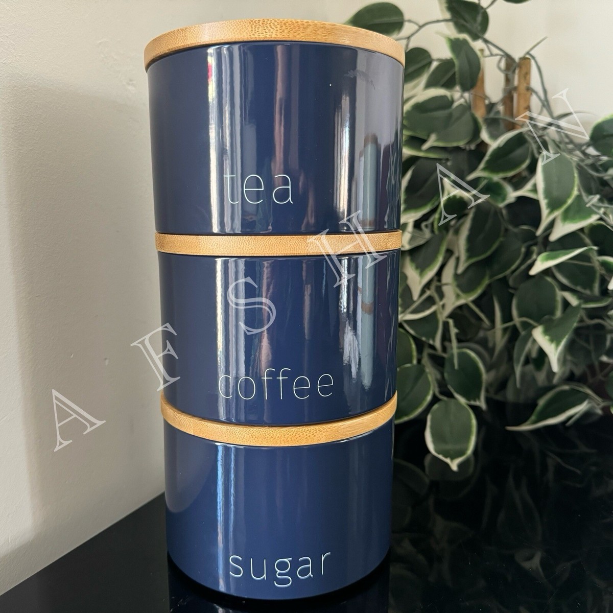 set of wooden lids metal canisters stackable stacking tea coffee