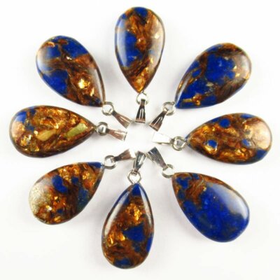 Set Di 3 Pendenti A Goccia In Giadeite Blu E Bornite Rame Oro: Perline Artigianali Cinesi