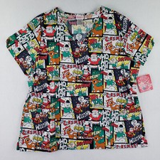 Womens SS Scrub Shirt Top Rudolph Christmas Theme Size XL Pockets NWT