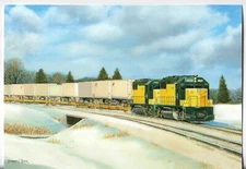 NEW LEANIN' TREE Christmas Card 4.75x6.75 Snow Bird Falcon Service Train in Snow