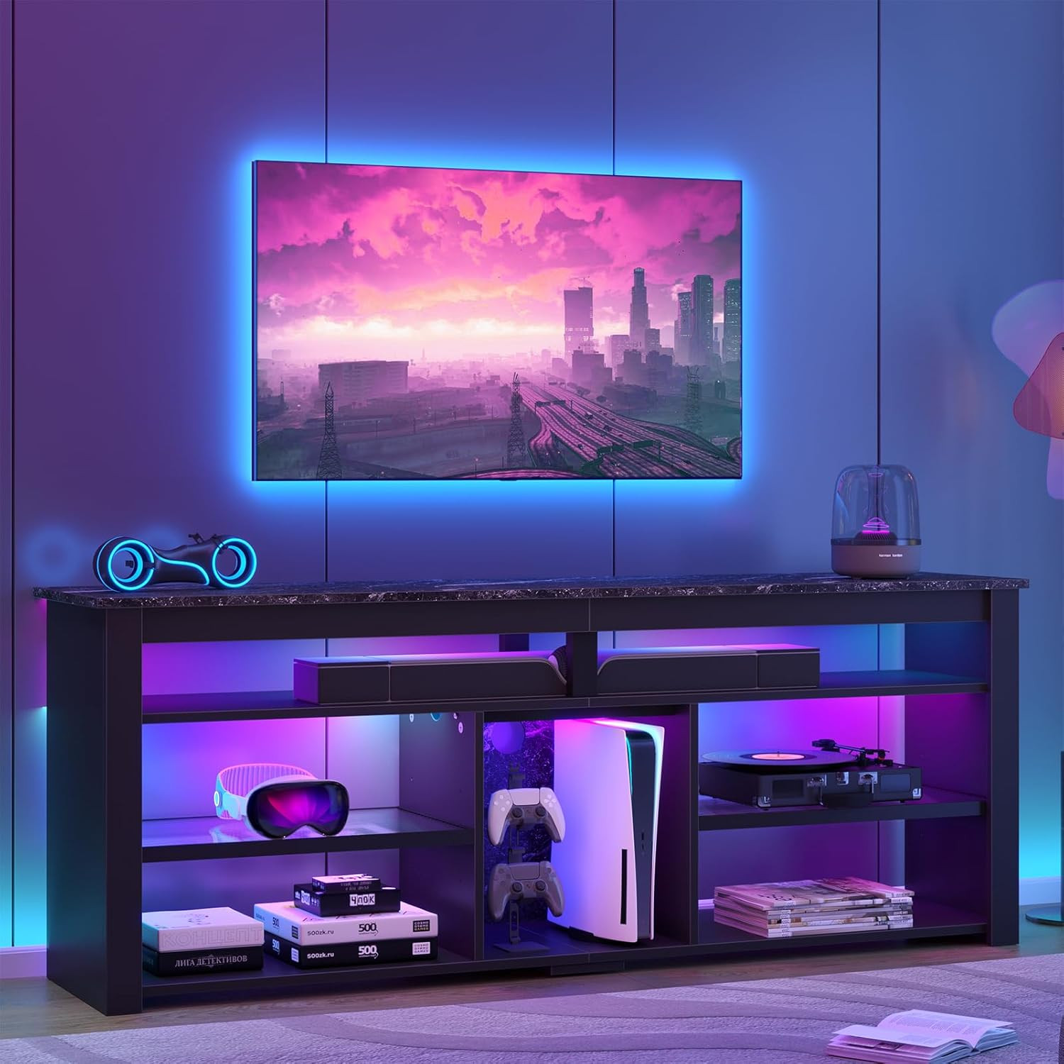 For 70" Tv With Led Lights & Storage - Black Marble Finish