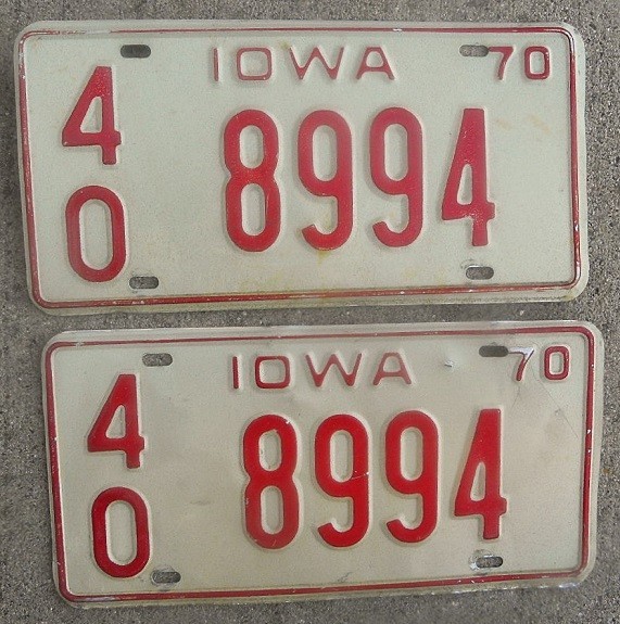 1970 Original Pair Iowa License Plates, #40-8994,Webster City,Hamilton County IA