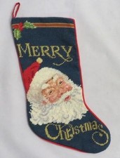Vintage Needlepoint SANTA CLAUS 'Merry Christmas' STOCKING Blue Gold 19" In.