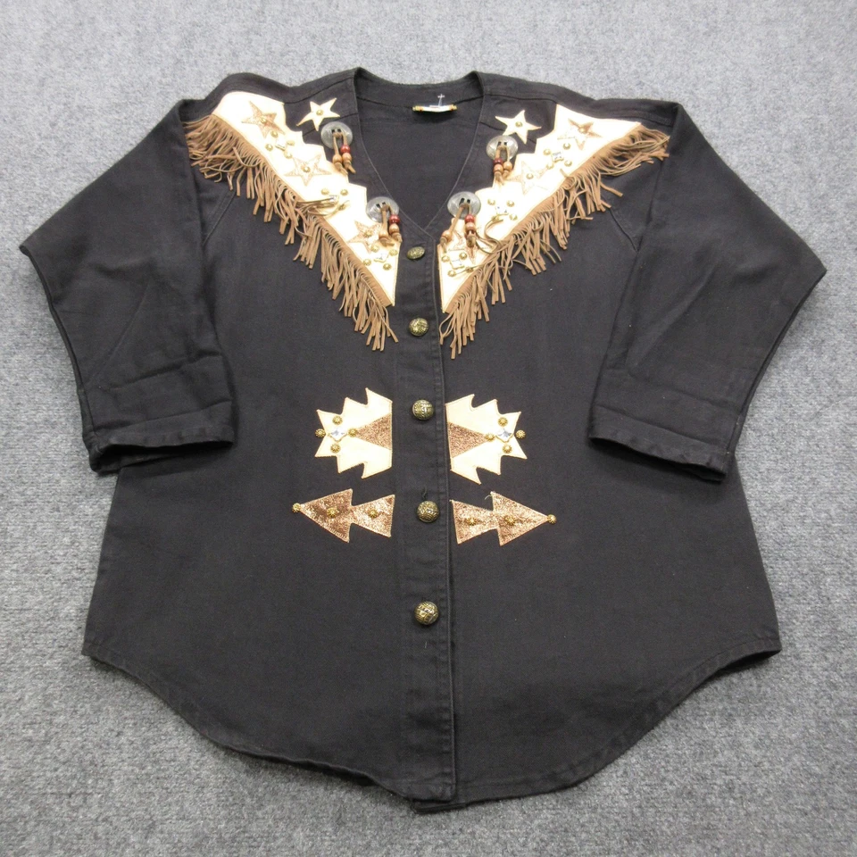 Vtg Jacket Womens Medium Black Western Fringe Aztec Beaded Southwestern 80s 90s - Image 2 of 4