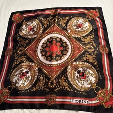 Vintage Fiorini Head Scarf Large Square Black Red Gold Crests Status Print 30x30
