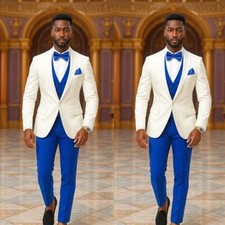 Men's Suit Formal Wedding Groom Tuxedo Casual White Coat Blue Pant Vest Slim Fit
