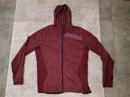 Adidas Jacket Men Large Burgundy Hooded Windbreaker Zip 3 Stripes Reflective C10