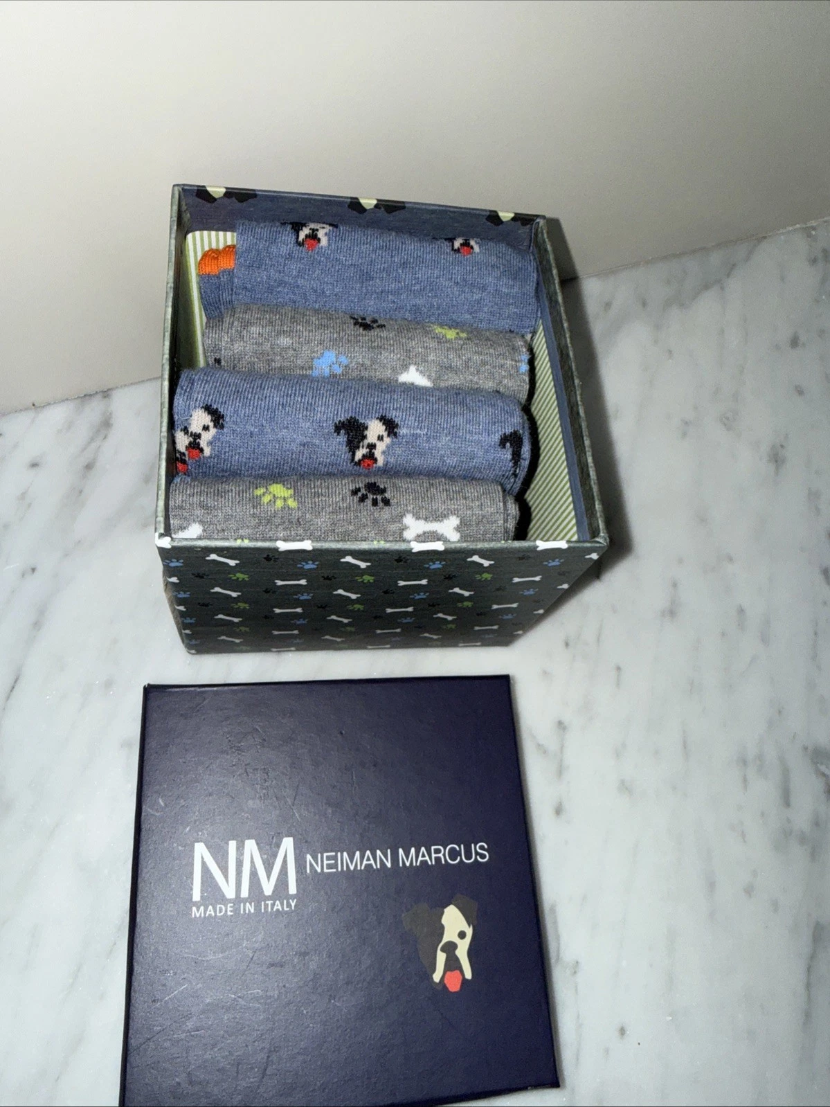 NM Neiman Marcus Dog Print Socks Fine Cotton Made In Italy Mens 10-13 NIB 4 Pair