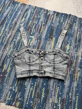 Vintage Women's Acid Wash Denim Bustier Crop Top Studded Straps Y2K 