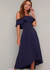 CHI CHI LONDON NAVY BLUE BARDOT OFF SHOULDER HIGH LOW MIDI DRESS SIZE 12 BNWT