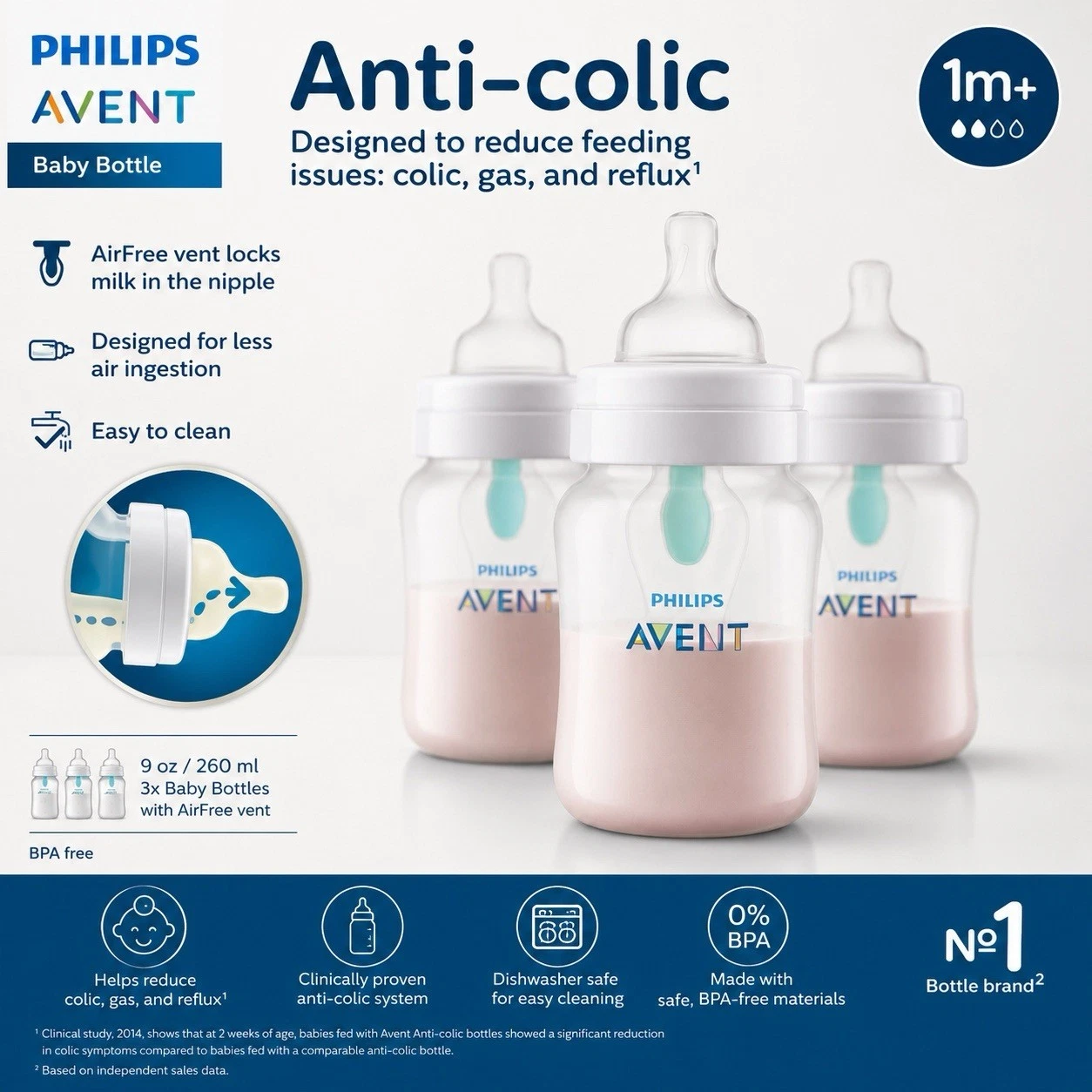 Philips Avent Anti-Colic Baby Bottles 9oz 260ml 3 Pack AirFree Vent 1m+ NEW