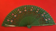 VTG 2 SIDED Green Painted Fan W/ Flowers  Gold Tooling Open 17"W Closed 9"L