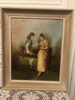TABLEAU ENCADRÉ HUILE SUR TOILE « LE RENDEZ VOUS DES AMOUREUX « - Photo 1/4