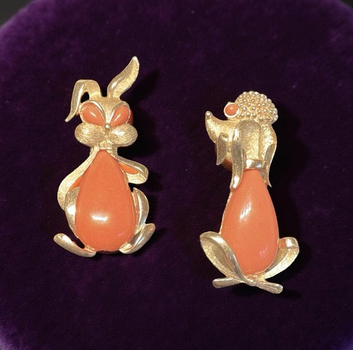 Set of 2 Coral Colored “Belly” Trifari Characters, Dog and Rabbit