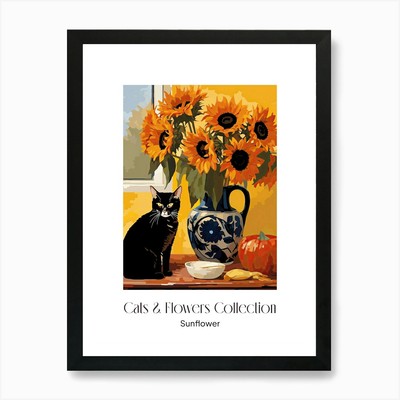 Katzen & Blumen Sammlung Sonnenblume gerahmtes Wandbild Poster Leinwanddruck Bild