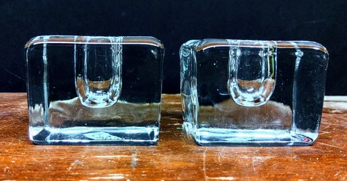 BLENKO Art Glass Clear Ice Cube Candle Stick Holder ~ Set Of 2~ 3" W X 1.75" T