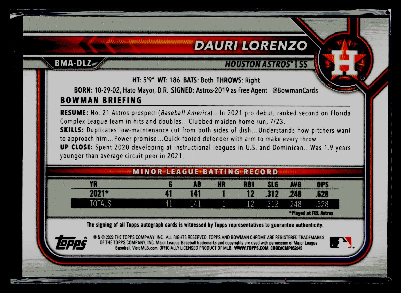 2022 Bowman Chrome Mojo Auto Dauri Lorenzo AU #BMA-DLZ Houston Astros view 2