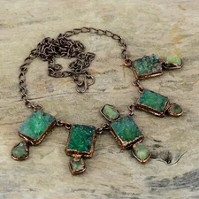 Green Druzy Electroformed Adjustable Necklace Handcrafted Copper Gift 18.0"