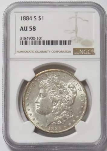 1884 S MORGAN SILVER DOLLAR $1 COIN NGC ABOUT UNC 58 (PQ)