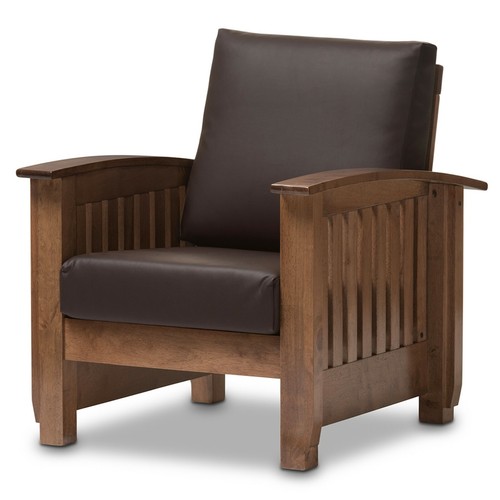 Mission Style Walnut/Brown Wood & Faux Leather Chair, or Loveseat, or Both - Picture 2 of 13