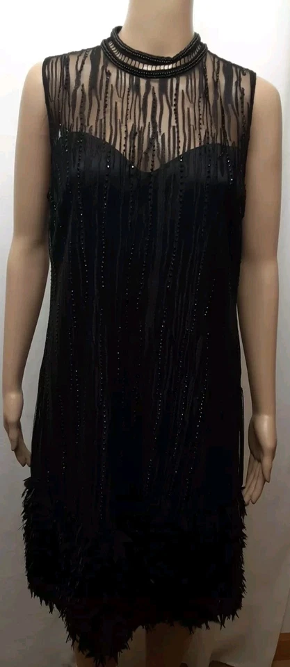 Elie Tahari Black Mirage Beaded Mesh Sleeveless High Neck Shift Dress Size 6 - Image 3 of 4