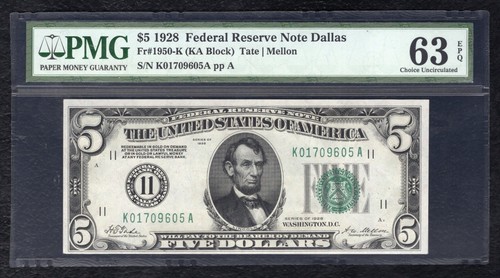 FR. 1950-K 1928 $5 FRN FEDERAL RESERVE NOTE DALLAS, TX PMG UNCIRCULATED-63EPQ