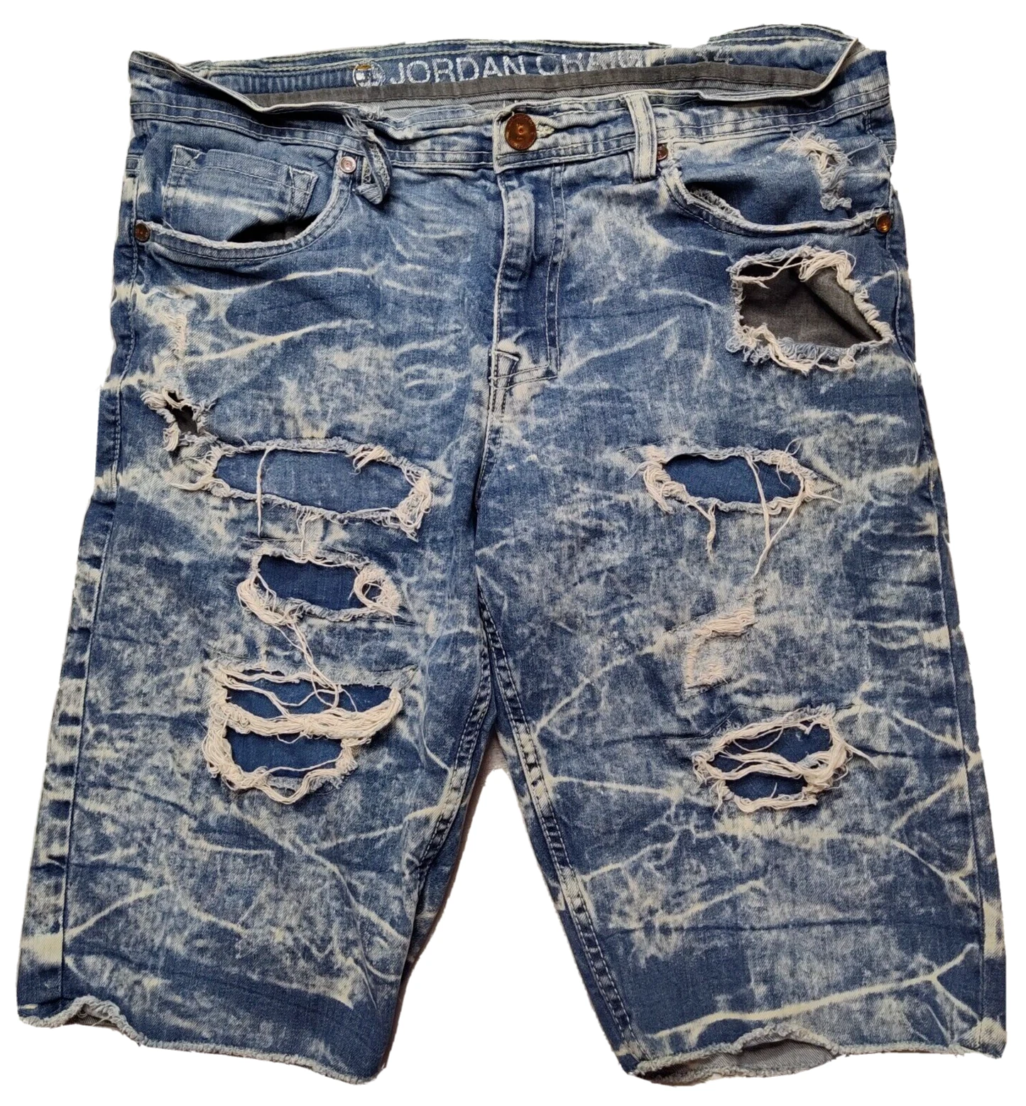 Pantaloncini jeans JORDAN CRAIG uomo taglia 34 lavaggio acido effetto invecchiato 13" cuciture interne denim