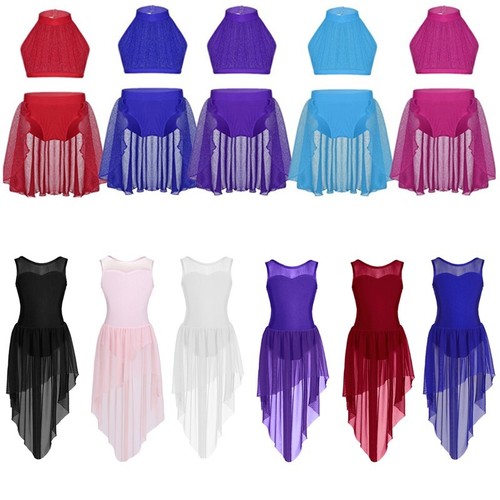 Kid Girls Lyrical Dance Dress Lace Crop Top+Bottoms Set Modern