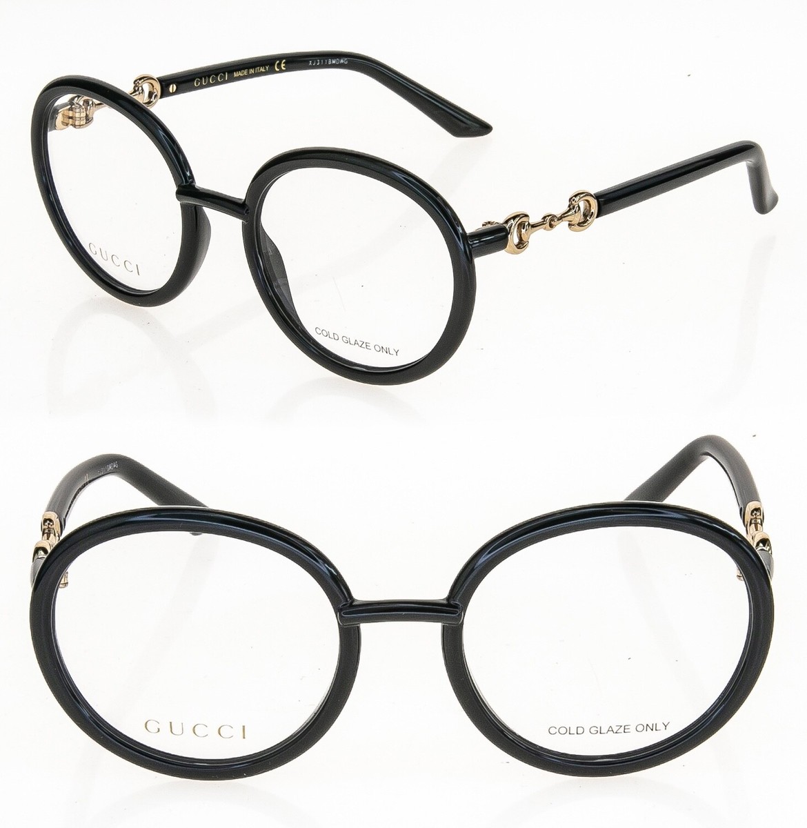 GUCCI Horsebit 0891 Black Gold Round Retro Eyeglasses