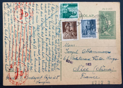 1943 Budapest Hungary Postal Stationery Postcard Cover To Nice France - Afbeelding 1 van 2