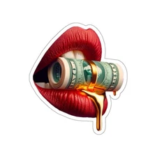 Sexy Red Lips Cash Money Gold Mouth Bite Realistic Kiss-Cut Sticker Vinyl Decal