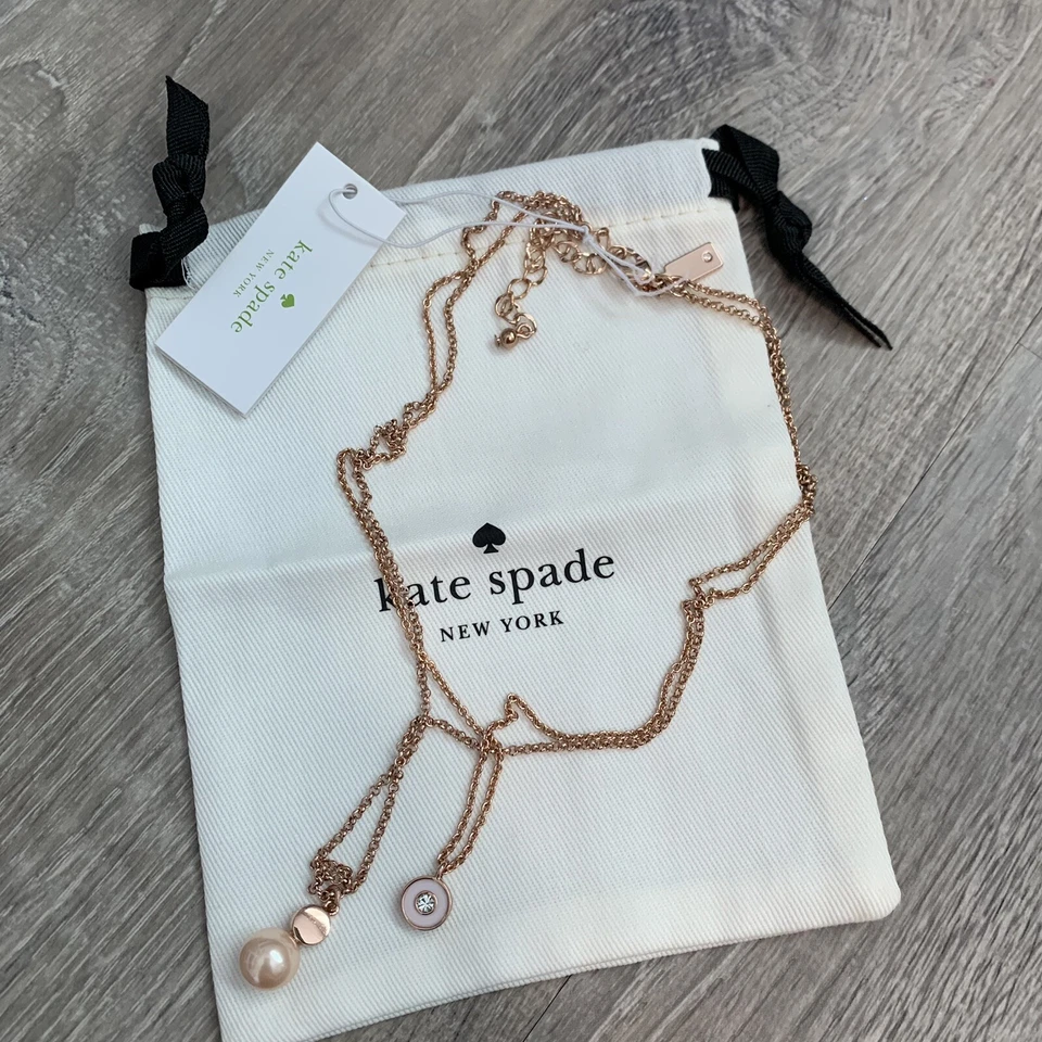 NWT KATE SPADE Rose Gold Double Pendant Layer Faux Pearl Cubic Zirconia Necklace