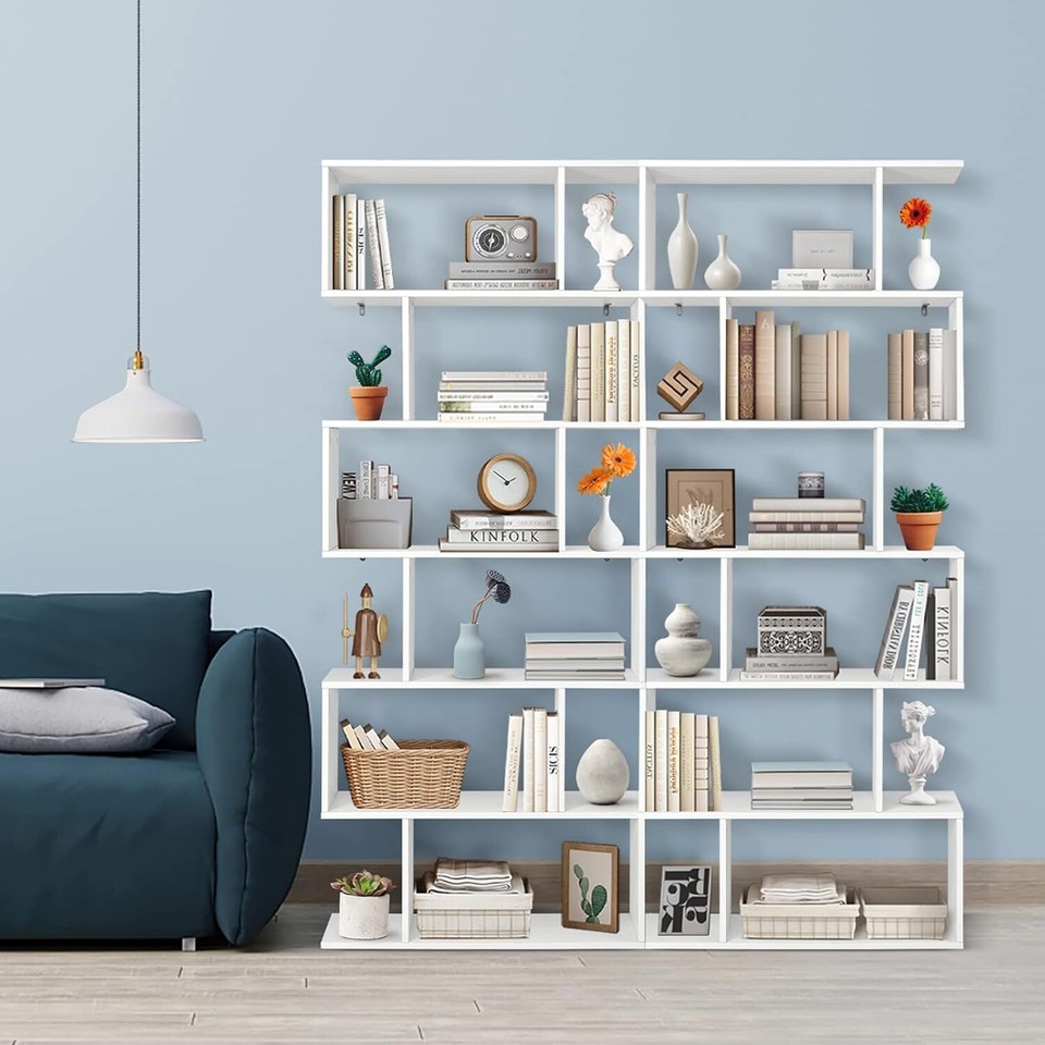 Geometric Bookcase White, Sshaped Wooden Bookshelf, 6Tier Modern