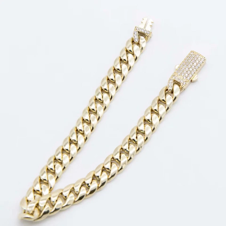 Brazalete de eslabones cubanos lisos de 10 m de ancho amarillo rodio plata 925 moissanita caja bloqueo Foto 3 de 4