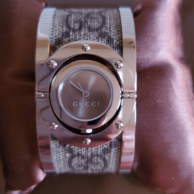 Gucci Brown Logo Monogram Bangle Twirl Watch New in Box Vintage Gucci Twirl Reversible Bangle Cuff Watch with  main image 3