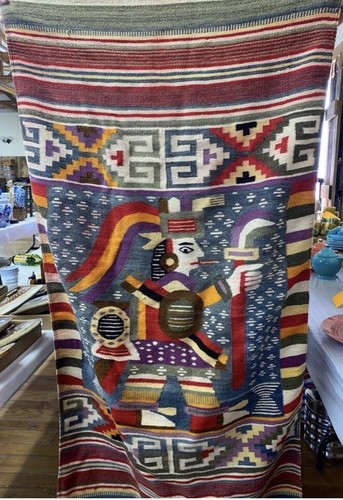 Vintage Peruvian Wool Tapestry Tribal Boho Wall Art Handwoven Aztec Kilim 32x64