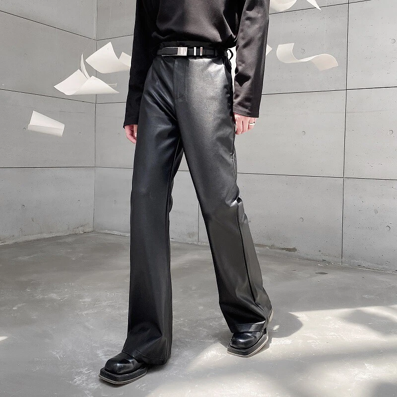 Men Bell Bottom Trousers Faux Leather Flared Pants Casual Office Dancing  Black