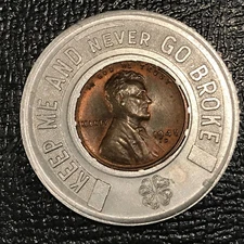 ENCASED COIN AU/UNC  1948 D LINCOLN CENT S. A. CHEVROLET'S GOT IT!-CHEVROLET-APR