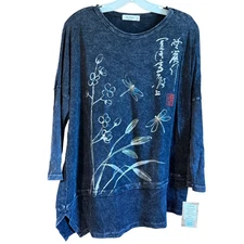 Jess & Jane XL Curiosity Top Asian  Dragonfly Tunic Women's Black Cotton