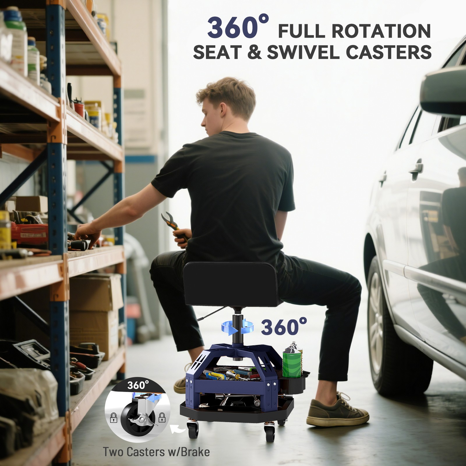 HOMCOM Rolling Mechanic Stool, 300 LBS Capacity Garage Stool, Blue