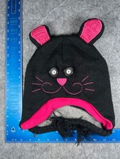 Cat Beanie Toque Youth One Size Black Pink Ear Flap Acrylic Poly Lined Tassel