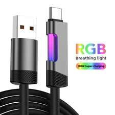 USB C Cable RGB LED Light 120W Fast Charging Type C Data Sync Cord Nylon Braid