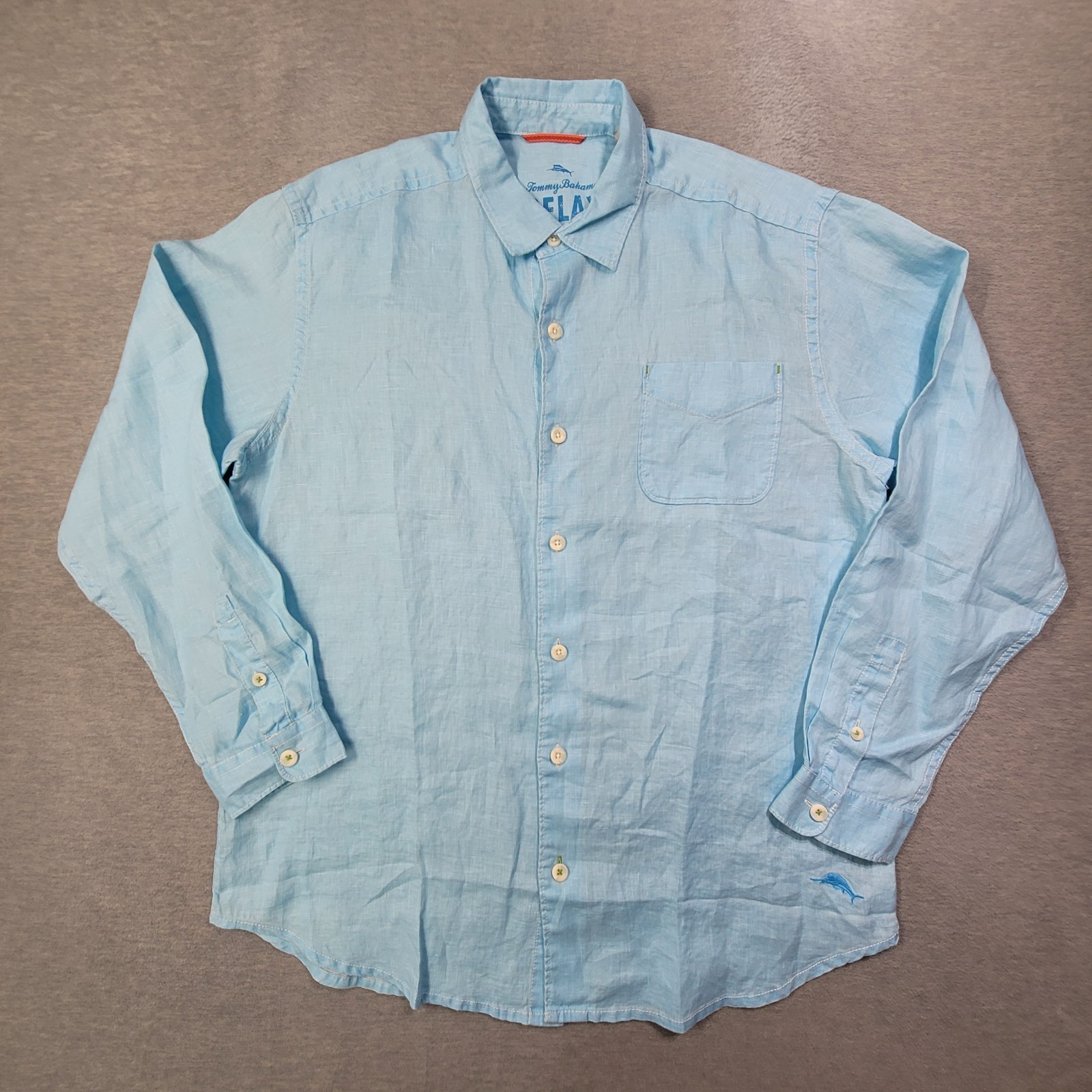 Tommy Bahama Shirt Mens Large Blue 100% Linen Relax Button Up Chest Pocket