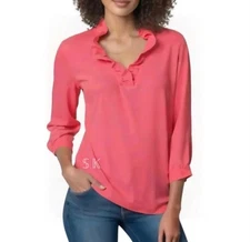 CROWN & IVY Coral Pink Relaxed Flowy Blouse Palm Trees Ruffled Neckline sz LARGE