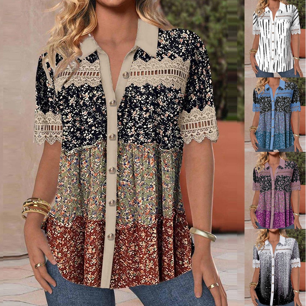 Women's V-Neck Button-Up Short Sleeve Blouse Floral Printed Polyester Summer Top