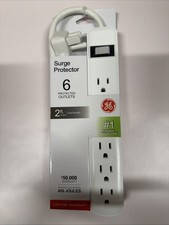 GE 6 Outlet Surge Protector, 2 Ft Extension Cord, Power, 450 Joules, white-black