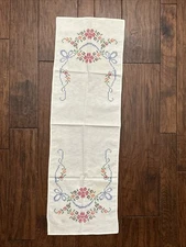Hand Cross Stitched Floral Cotton Table Runner Dresser Scarf Vintage 39”x12.5”