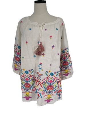 NWT John Mark Tunic Shirt Women L Large White Multi Embroidered Linen Boho Artsy