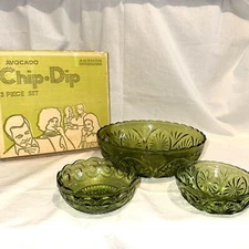 VTG Anchor Hocking Avocado 3 Piece Chip & Dip Bowl Set In Box No Brass Holder